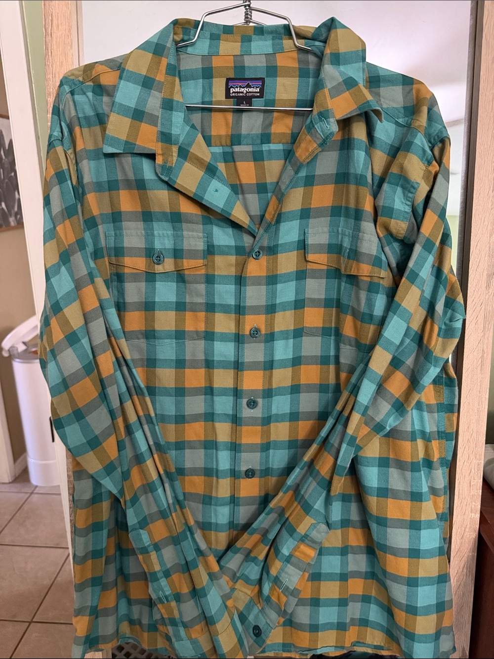 Patagonia Plaid Button-Down Shirt in Teal and Mustard Organic Cotton